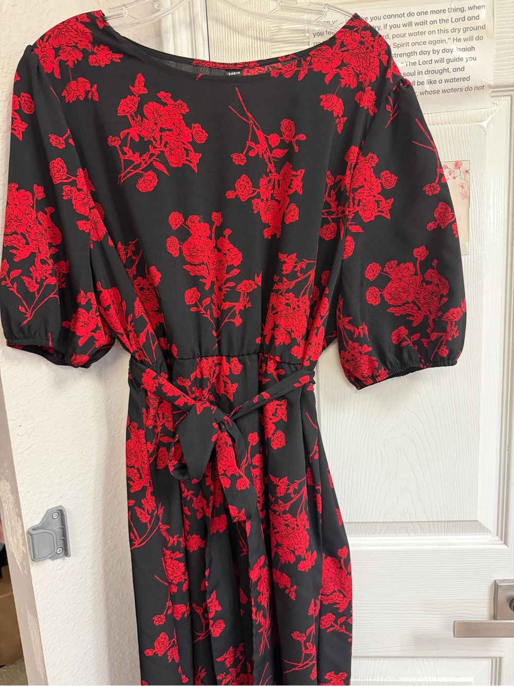 SHEIN Black Midi Dress with Red Floral Print and Tie Waist
